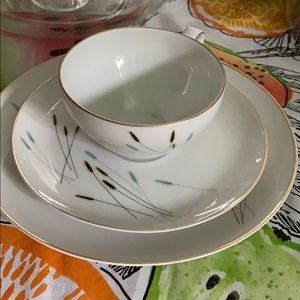 Vintage Schonwald Blue, brown cattails cup, saucer